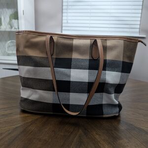 Tan, Black, White Plaid Fabric Zip Top Tote Bag